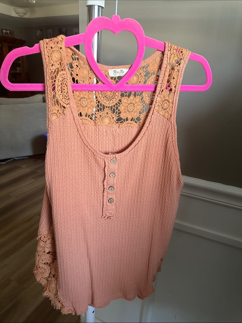 Miss Me Peach Crochet-Back Ribbed Henley Tank